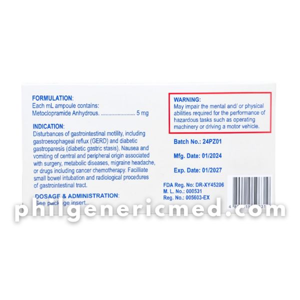 Metoclopramide Hydrochloride PLAZIMIDE 5mg/ml (10mg/2ml) Ampoules 10's - Image 3