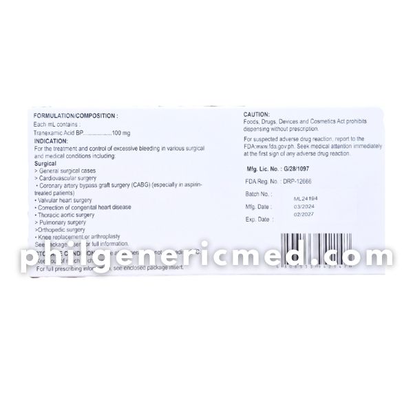 Tranexamic Acid TANEGO 100mg/ml 500mg/5ml Ampoules 10's - Image 3