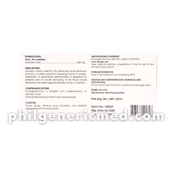 Ascorbic Acid ORACEE 250mg/5ml Vitamin Solution for Injection 10's - Image 3