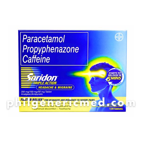 Paracetamol Propyphenazone Caffeine SARIDON Triple Action 250mg/150mg/50mg Tablets 120's