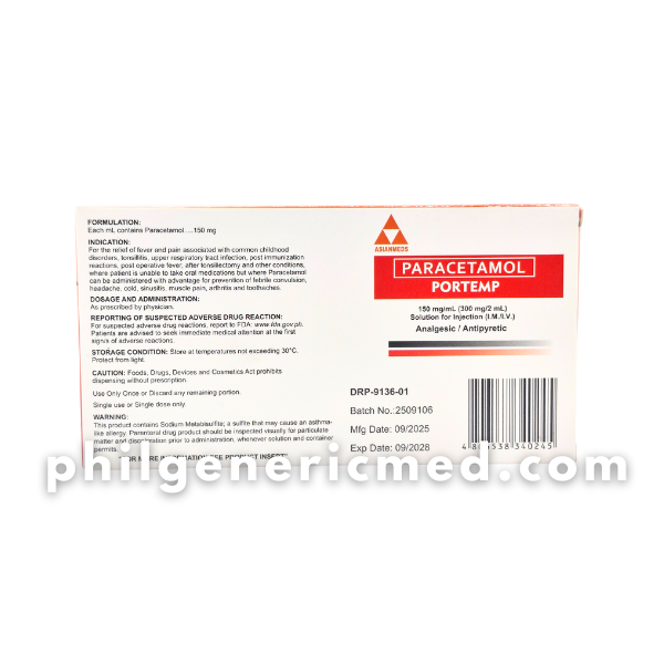 Paracetamol PORTEMP 150 mg/mL – 300 mg/2 mL Solution for Injection 10's - Image 3