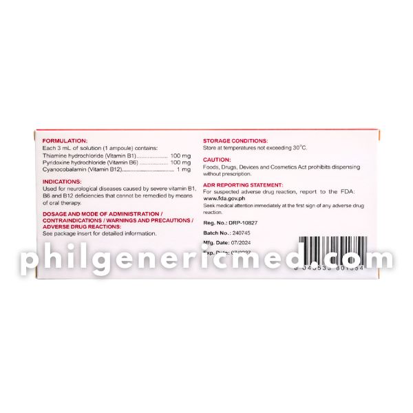 VITAMIN B1 + B6 + B12 ENPLEX-B 100mg/100mg/1mg per 3mL Solution for Injection Ampoule 10's - Image 3