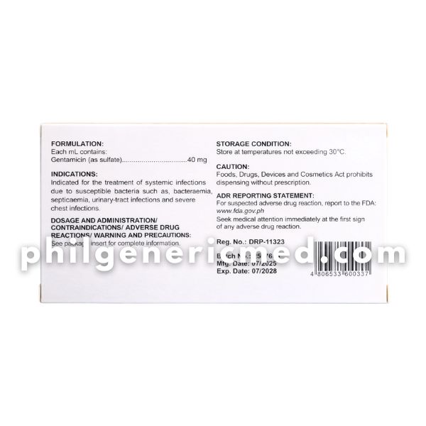 Gentamicin GENTACARE 80mg/2 mL (40 mg/mL) Solution for Injection 2mL Ampoules 10's - Image 3