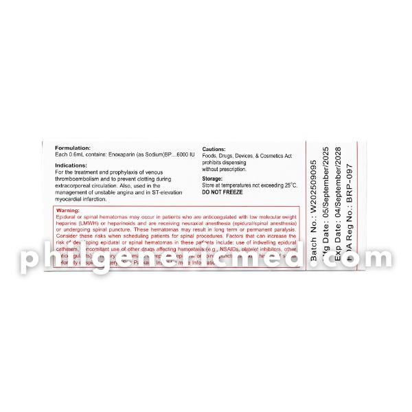 Enoxaparin Sodium OLXARIN 6000 IU/0.6mL Solution for Injection (SC) Pre-Filled Syringes 2's - Image 3