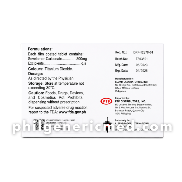 Sevelamer Carbonate SEVECARBO 800mg Film-Coated Tablet 30's - Image 2